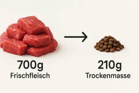 700g Frischfleisch ergeben 210g Trockenmasse. Hunde brauchen Fleisch für eine ausgewogene Ernährung.
