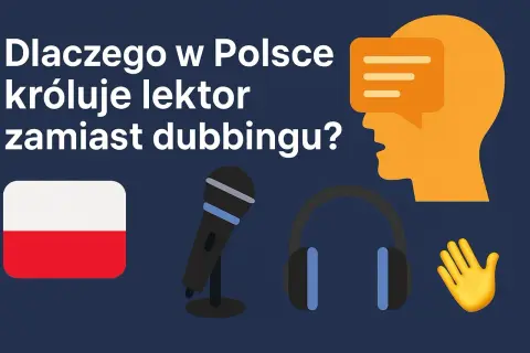 Dlaczego w Polsce króluje lektor zamiast dubbingu? Grafika przedstawia polską flagę, mikrofon, słuchawki i głowę z dymkiem.