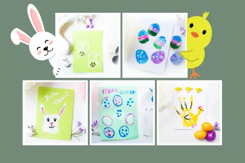 Bilder zeigen Ideen zum Osterkarte basteln: bunte Ostereier, Hasen und Küken aus Fingerabdrücken.