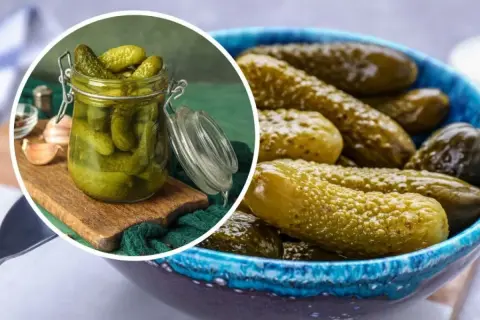 Słoik kiszonych ogórków i miska pełna tych chrupiących przysmaków. Idealny jaki ogórek do tatara, dodaje wyrazistego smaku.