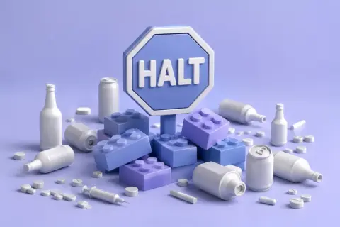 Znak "HALT" otoczony butelkami, puszkami, tabletkami i strzykawką. Symbolizuje metodę halt w walce z uzależnieniami.