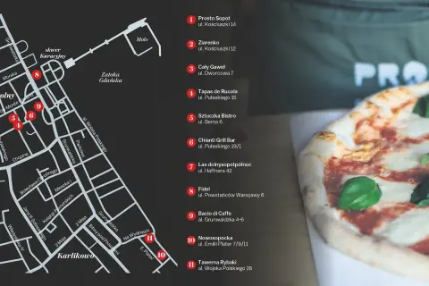 Mapa Sopotu z zaznaczonymi miejscami, gdzie zjeść: restauracje, bary i bistro. Obok mapa, pyszna pizza.
