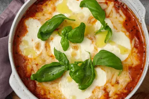 En ugnsbakad gnocchi alla sorrentina med smält mozzarella, tomatsås och färsk basilika.