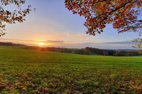 Herbstlicher Sonnenuntergang über grünen Feldern, ideal für eine Tour auf dem bergischen Weg mit Komoot.