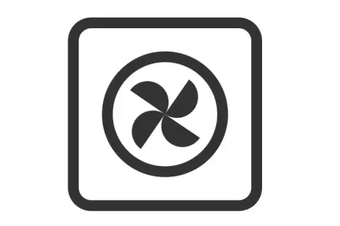 Symbol termoobiegu w piekarniku. Cztery łopatki wentylatora w okręgu, otoczone ramką.