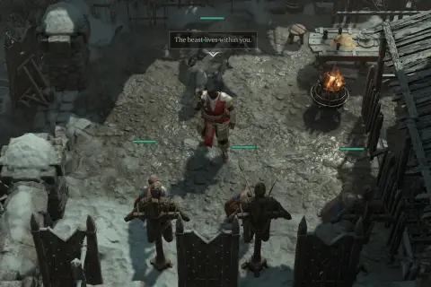 Diablo 4: Tajemnice Źródła. Postać w czerwonej zbroi stoi przed wilkami, słysząc "Bestia żyje w tobie".