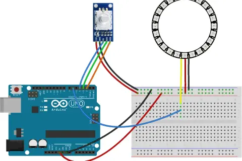 Połączenie enkoder Arduino z pierścieniem LED na płytce stykowej.