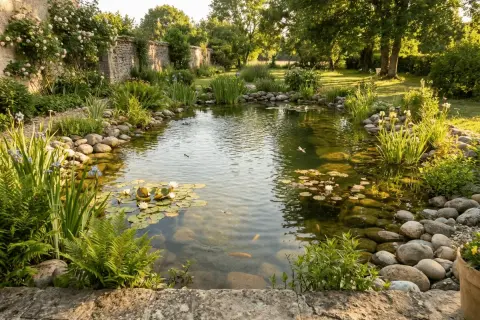 Un paisible bassin naturelle bordé de pierres et de végétation luxuriante, avec des nénuphars et des poissons dorés.