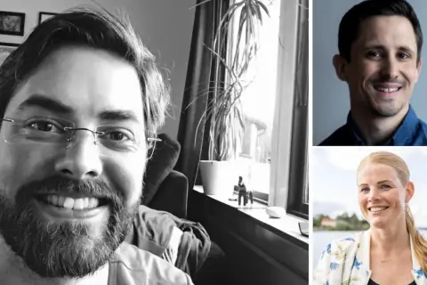 Tre porträtt av svenska personer. En man med glasögon och skägg i svartvitt, en man i blå skjorta och en kvinna med blont hår i färgglad jacka.