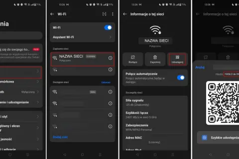 Telefon wyświetla hasło do sieci Wi-Fi w formie kodu QR, stanowiąc klucz zabezpieczeń sieciowych w telefonie.