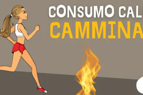 Donna corre sotto il sole, simbolo di calorie bruciate camminando. Fiamme indicano il consumo energetico.