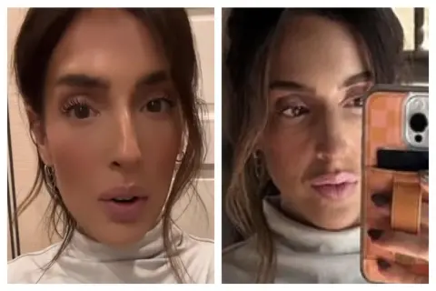 Split screen of a woman with dark hair and light makeup. She's wearing a light grey turtleneck. Chris loves Julia House.