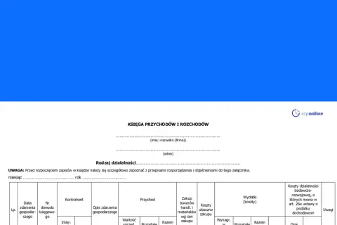 Księga przychodów i rozchodów – przykład wypełnienia dokumentu księgowego. Widoczny jest nagłówek i fragment tabeli z kolumnami.