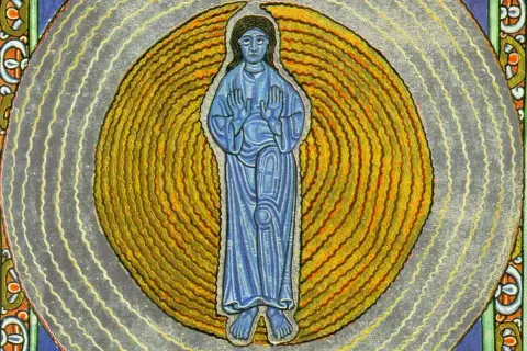 Ilustración de Hildegard von Bingen, con túnica azul, rodeada de círculos concéntricos dorados y grises.