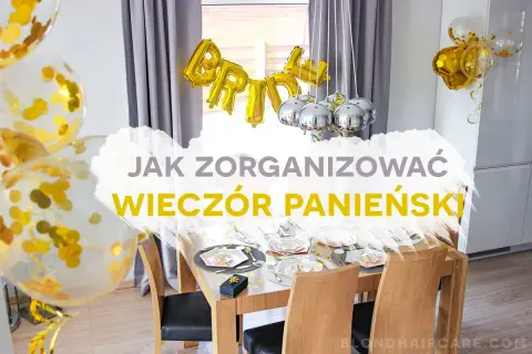 Złote balony z konfetti i napisem "BRIDE" nad stołem, przygotowanym na wyjątkowy wieczór panieński.