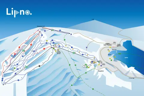 Übersichtskarte des Lipno Skigebiets mit Pisten, Liften und Orten wie Lipno nad Vltavou.