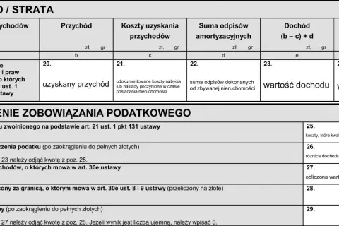 Formularz podatkowy zawiera sekcję "Dochód / Strata", gdzie oblicza się podatek od sprzedaży nieruchomości, uwzględniając przychód, koszty i odpisy.