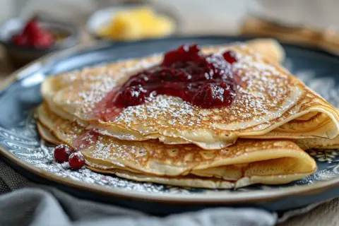 En hög med pannkakor toppas med sylt och pudrat socker. Perfekt för frukost, och ja, man kan frysa in pannkakor för senare njutning.