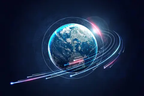 Ziemia otoczona siecią połączeń, symbolizującą globalną komunikację i przepływ danych, jak w protokole tcp.