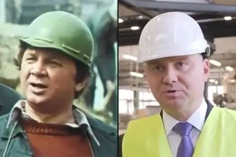 Dwa ujęcia: z lewej maliniak w zielonym kasku, z prawej Duda w białym kasku i kamizelce.