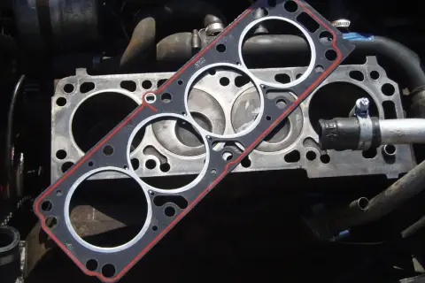 Nueva junta de culata lista para cambiar la vieja. El motor está desarmado, esperando la reparación.