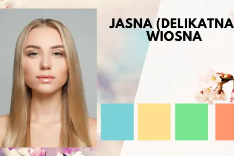 Jasna (delikatna) wiosna: młoda kobieta o jasnych włosach i subtelnej urodzie, otoczona pastelowymi barwami i kwitnącymi kwiatami.