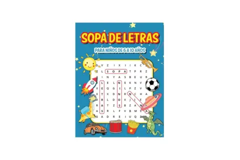 Divertida sopa de letras para niños de 6 a 10 años, con dibujos de cohete, sol, balón y más. ¡A buscar palabras!