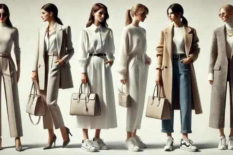 Sześć kobiet prezentuje eleganckie stylizacje, idealne na co dzień. Wygodne spodnie, płaszcze i stylowe dodatki tworzą modny dress code casual.