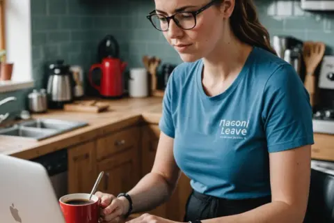 Kobieta w kuchni szuka informacji, czy urlop wychowawczy jest płatny. Na ekranie laptopa widać logo "Mason Leave".