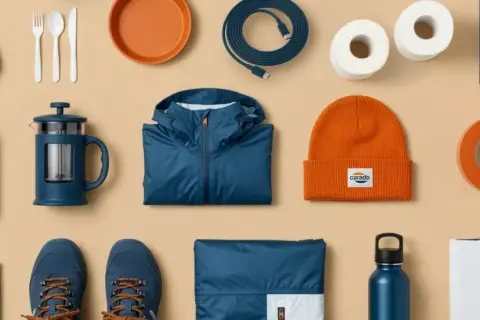 Bereit für Camping: Blaue Wanderschuhe, Jacke, Mütze, Kaffeepresse, Socken, Geschirr, Rolle Klebeband, Buch, Kabel, Toilettenpapier, Flasche und Decke.