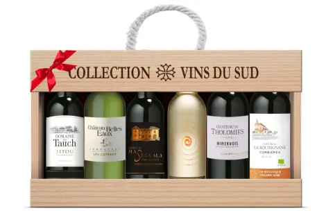 Cofanetto in legno con sei bottiglie di vino, un omaggio alla regione vinicola francese del Sud.