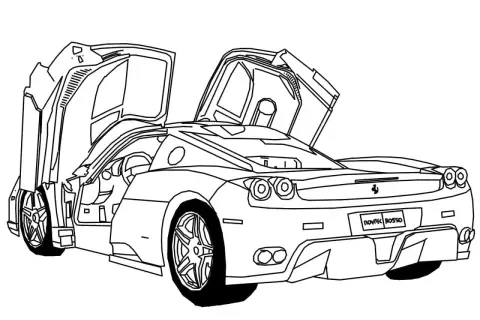 Szkic Ferrari 458 Italia z otwartymi drzwiami i podniesionymi maskami.