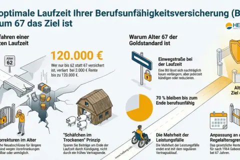 Die optimale BU-Laufzeit: Warum 67 das Ziel ist. Eine BU lässt sich kaum verlängern. Mit 62 statt 67 Jahren drohen hohe Verluste.
