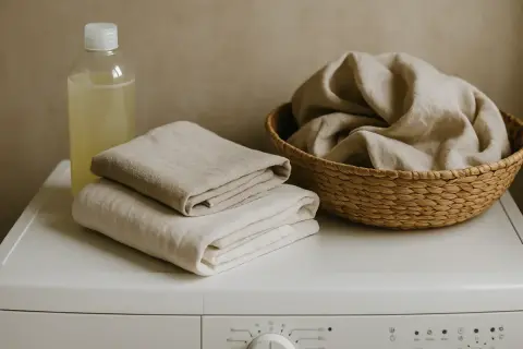 Botella de líquido para lavar lino y suavizante junto a toallas dobladas y cesta con ropa.