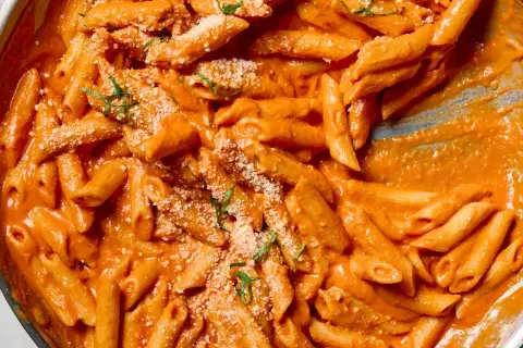 Penne alla vodka w kremowym, pomarańczowym sosie, posypane parmezanem i świeżą bazylią.