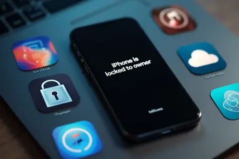 Zablokowany iPhone z komunikatem "iPhone is locked to owner". Ikony sugerują rozwiązania, jak odblokować iPhone bez komputera.