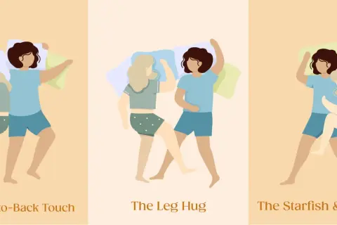 Illustrations of three best spooning positions: back-to-back touch, leg hug, and starfish & snuggler.