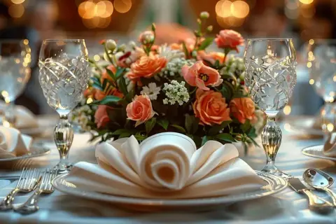Une table dressée pour un mariage champêtre, avec un bouquet de roses corail, des verres ciselés et un pliage serviette élégant.