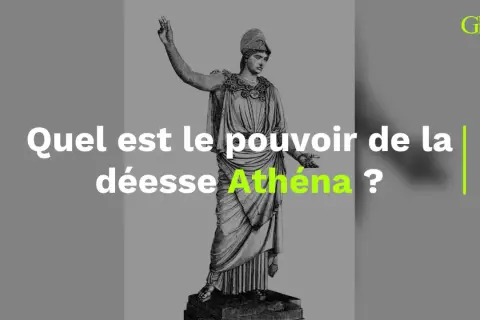 Statue d'Athéna, déesse de l'intelligence, portant un casque et une robe drapée. Le texte demande quel est son pouvoir.