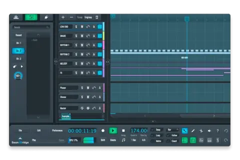 SoundBridge is a free audio recording software for Windows, shown here with a digital audio workstation interface displaying tracks and timeline.