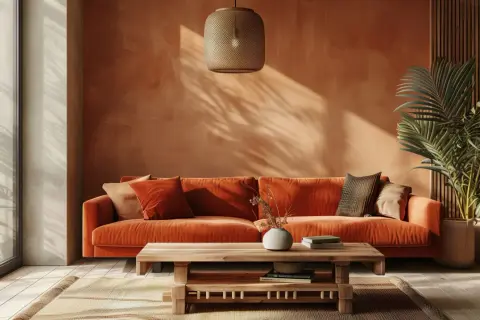 Divano arancione acceso, con cuscini morbidi e un tavolino in legno. L'ambiente è scaldato da un'illuminazione soffusa e da un'ombra che ricorda il colore damasco.