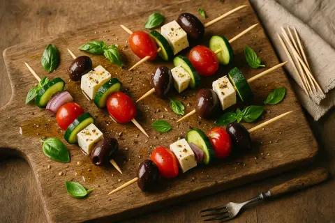 Antipasti-Spieße mit Tomaten, Gurken, Feta und Oliven auf Holzbrett.