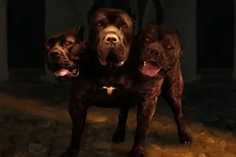 Un chien à trois têtes, aux yeux rouges et aux gueules ouvertes, garde une entrée sombre.