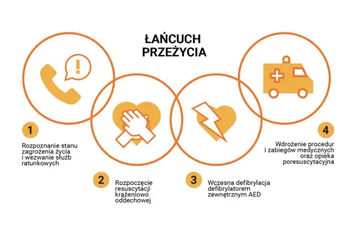 Łańcuch przeżycia: rozpoznanie, RKO, AED, opieka medyczna. Kluczowe etapy pierwszej pomocy u dzieci.