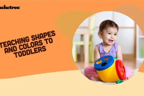 A happy toddler plays with a colorful shape sorter, learning shapes and colors.