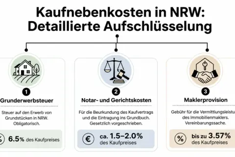 Kaufnebenkosten in NRW: Grunderwerbsteuer (6,5%), Notar-/Gerichtskosten (1,5-2%) und Maklerprovision (bis 3,57%).