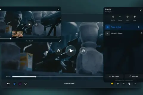 A user is watching "Tears of Steel" on 5KPlayer, a media player that appears safe and user-friendly, with a playlist visible.