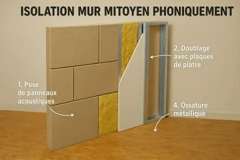 Isolation d'un mur mitoyen : pose de panneaux acoustiques, laine minérale, ossature métallique et plaques de plâtre pour une isolation phonique efficace.