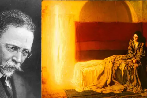 Portrait of Henry Ossawa Tanner, a famous Black artist, beside his painting "The Annunciation," showcasing his mastery of light and emotion.
