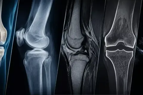 Diverse immagini mediche del ginocchio: anatomia, radiografia, risonanza magnetica ed ecografia per diagnosticare il dolore al ginocchio.